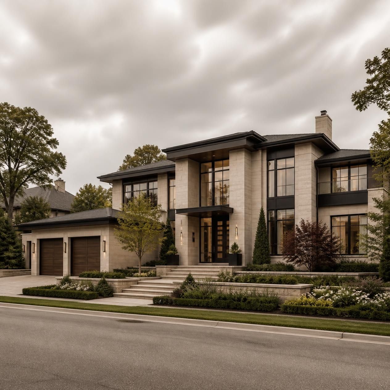 Contemporary stone residence with a landscaped front walk